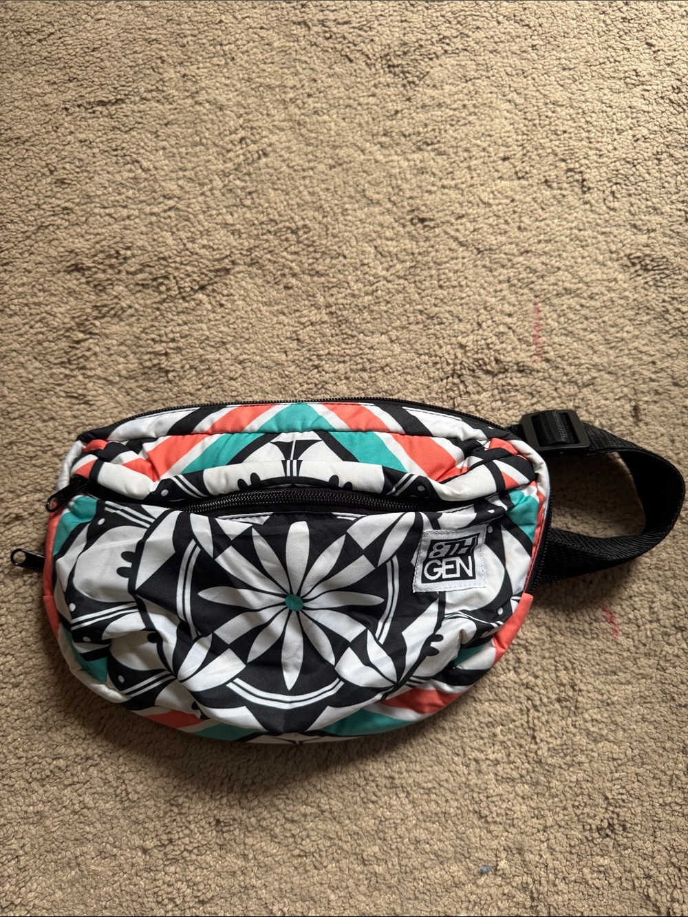 Floral Geo Print Crossbody Waist Bag in Black, Teal & Coral
